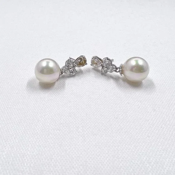White 14K and Sterling Silver CZ Drop Faux Pearl Earrings - Picture 6 of 6